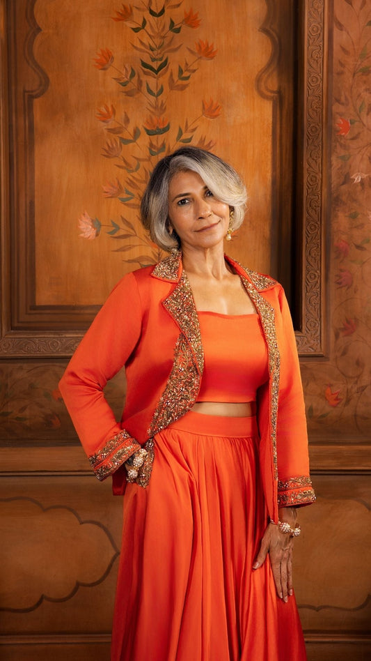 Flowy Skirt & Bustier with Chic Zardozi Jacket