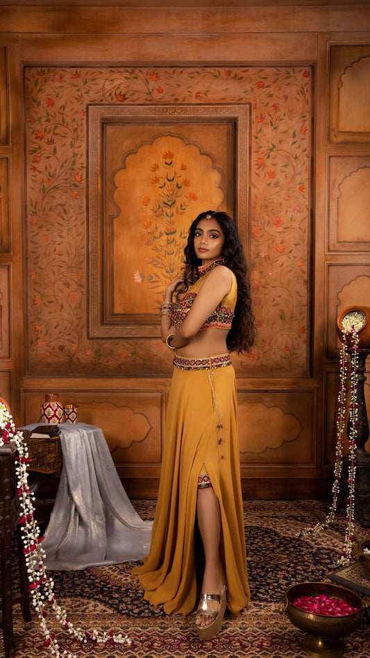 Slit Skirt & Zardozi High-Neck Blouse