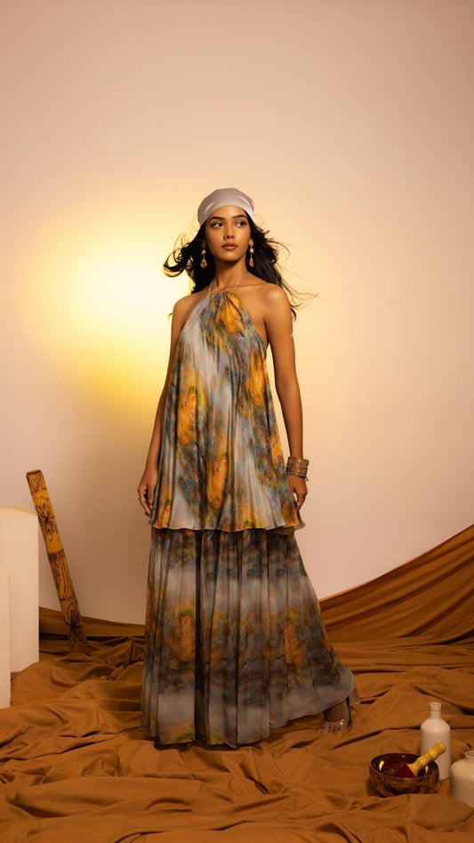 The State of Consciousness Cross-Cut Layered Gown with Halter Neck