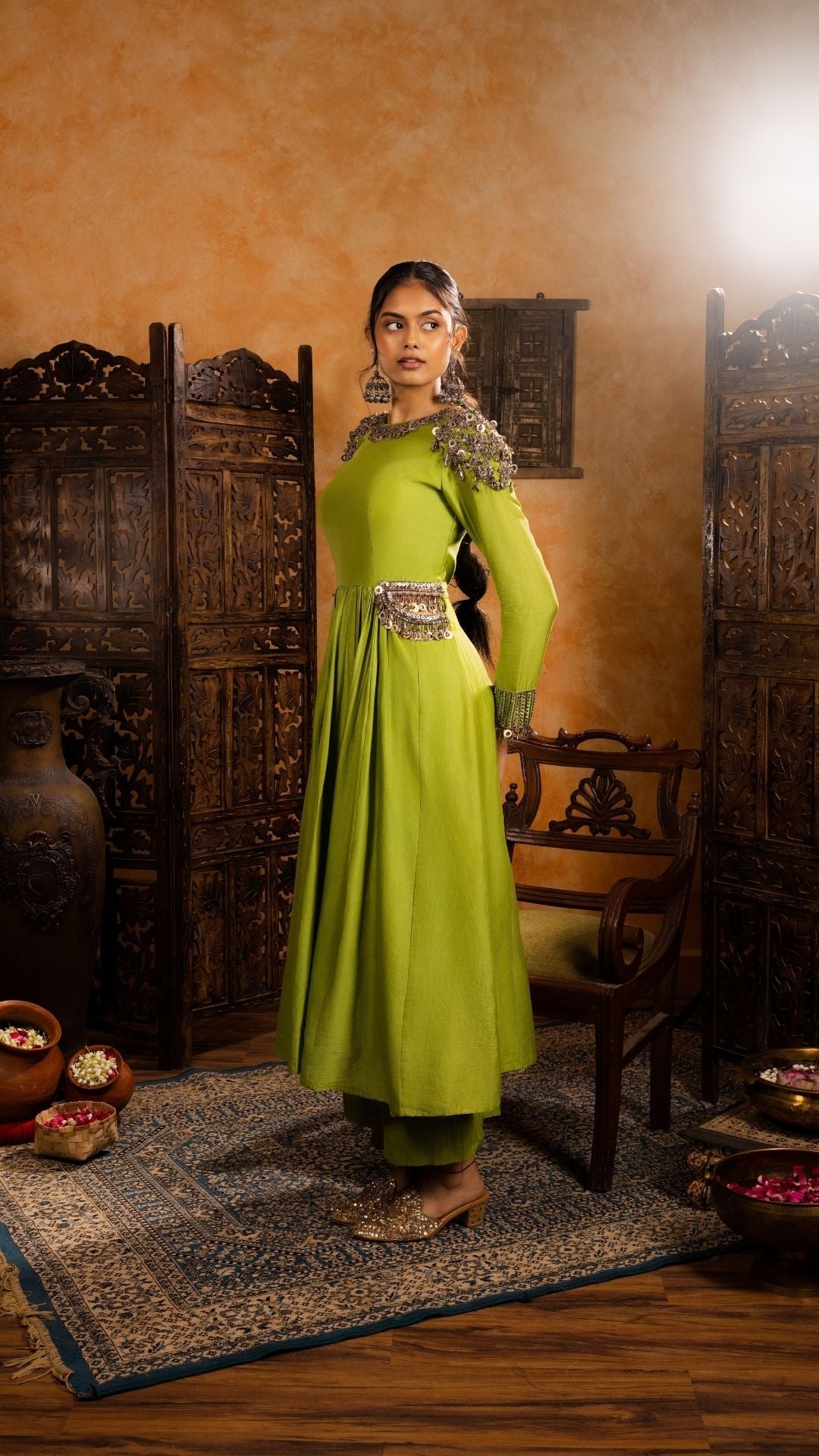 Pleated Chanderi Anarkali paired with Straight Pants