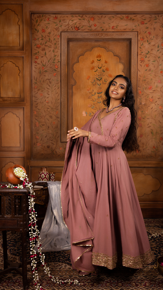 Angrakha Anarkali paired with Embroidered Pants