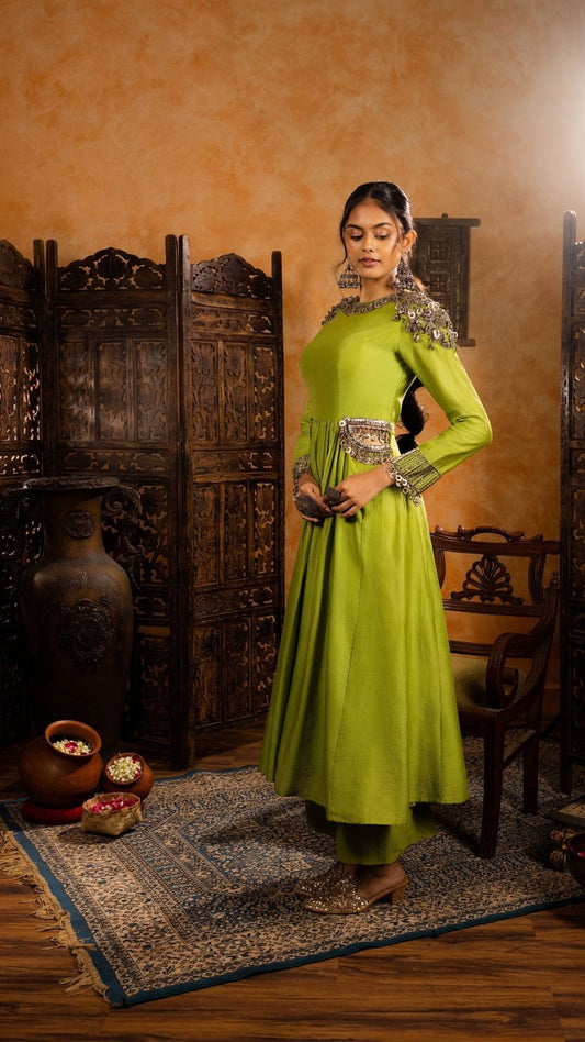 Pleated Chanderi Anarkali paired with Straight Pants