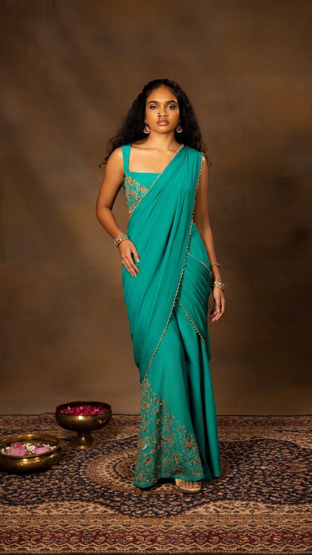 Sharara Pants with an Asymmetrical Blouse & a Saree Drape