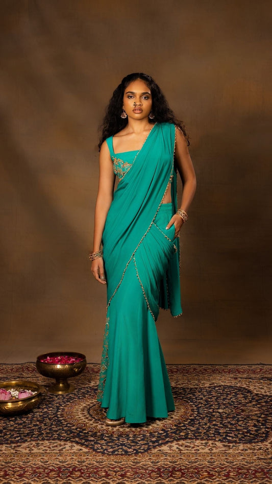 Sharara Pants with an Asymmetrical Blouse & a Saree Drape