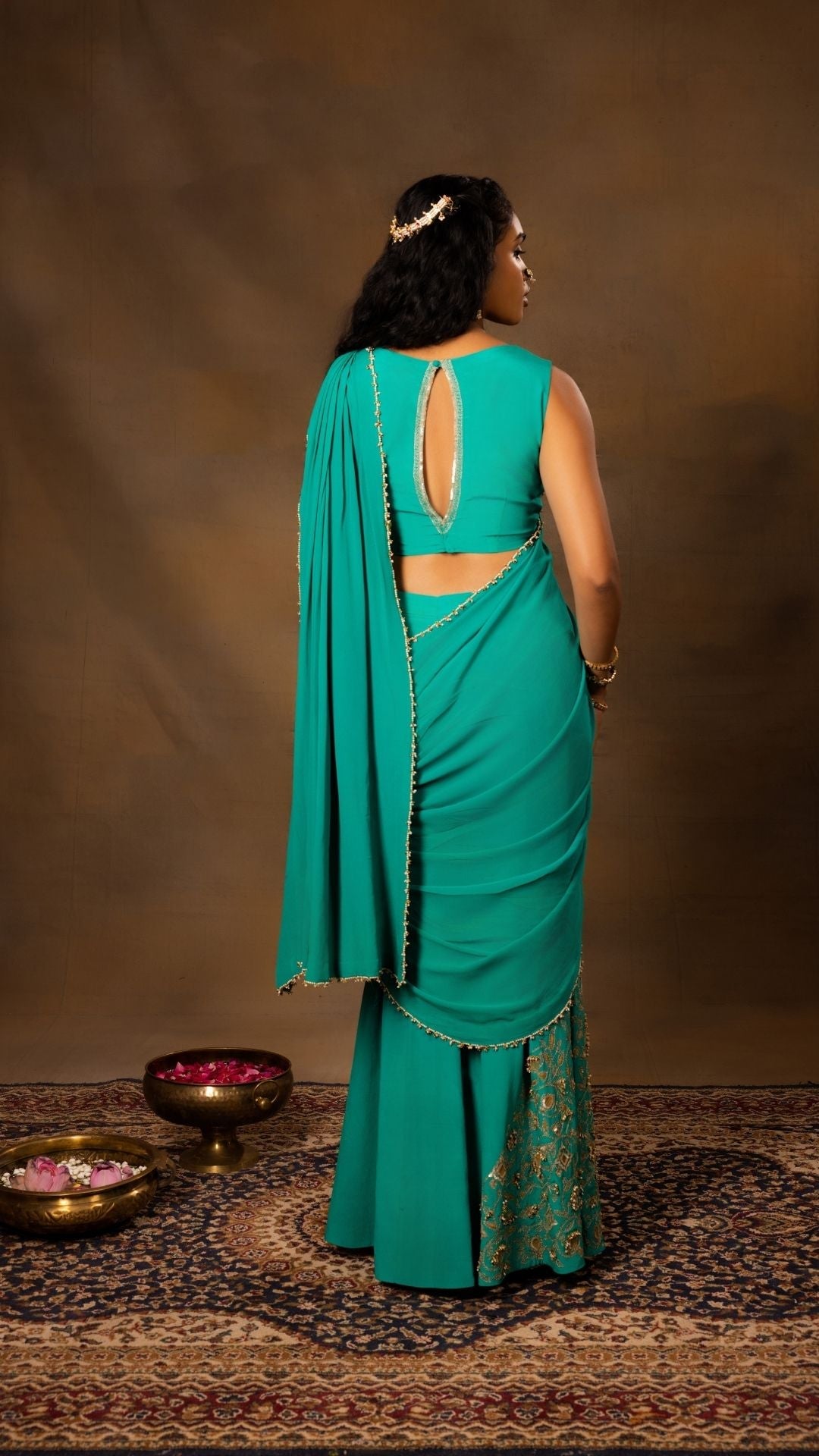 Sharara Pants with an Asymmetrical Blouse & a Saree Drape