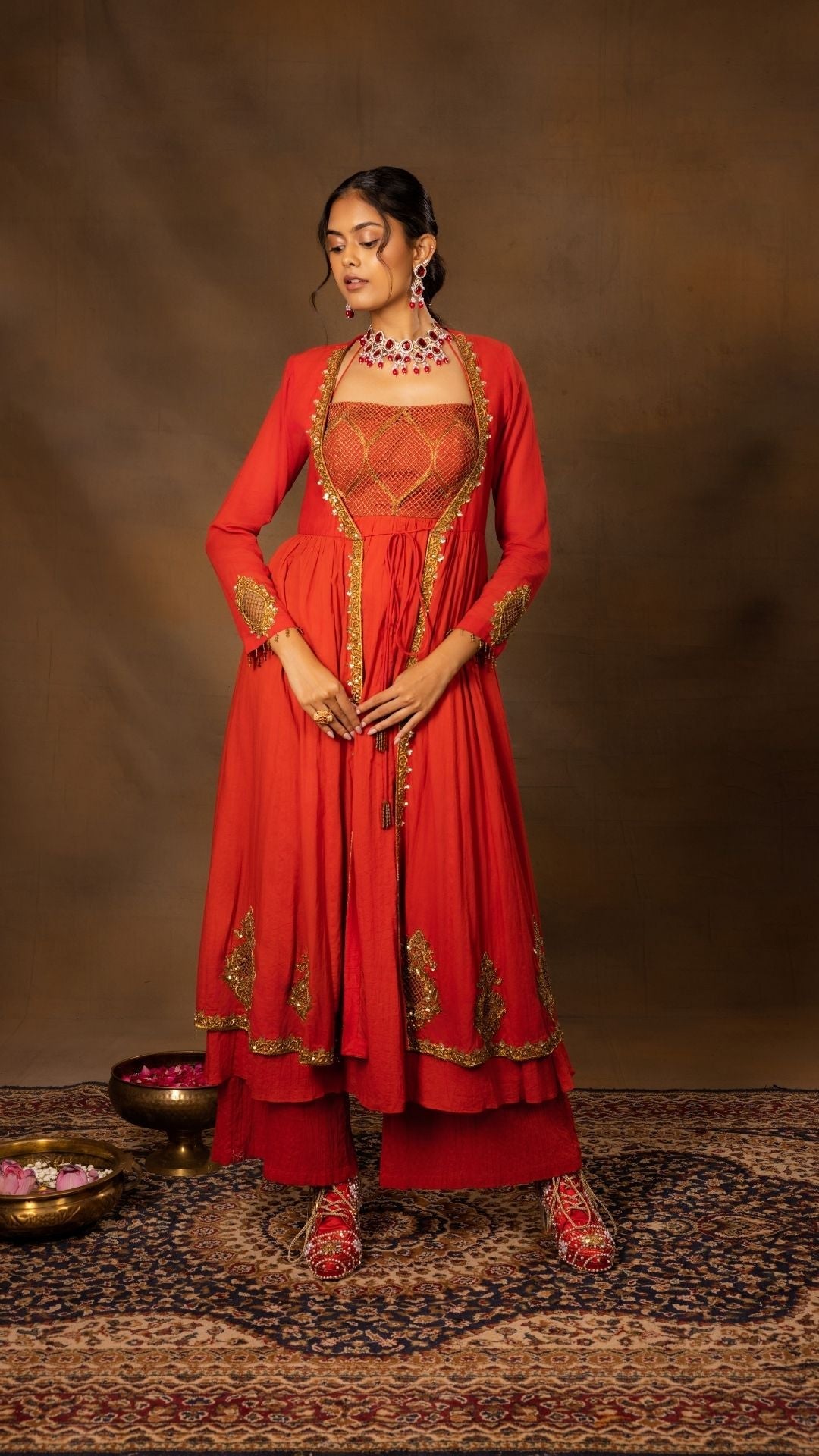 Halter Anarkali with a Long Jacket paired with Wide-Legged Pants