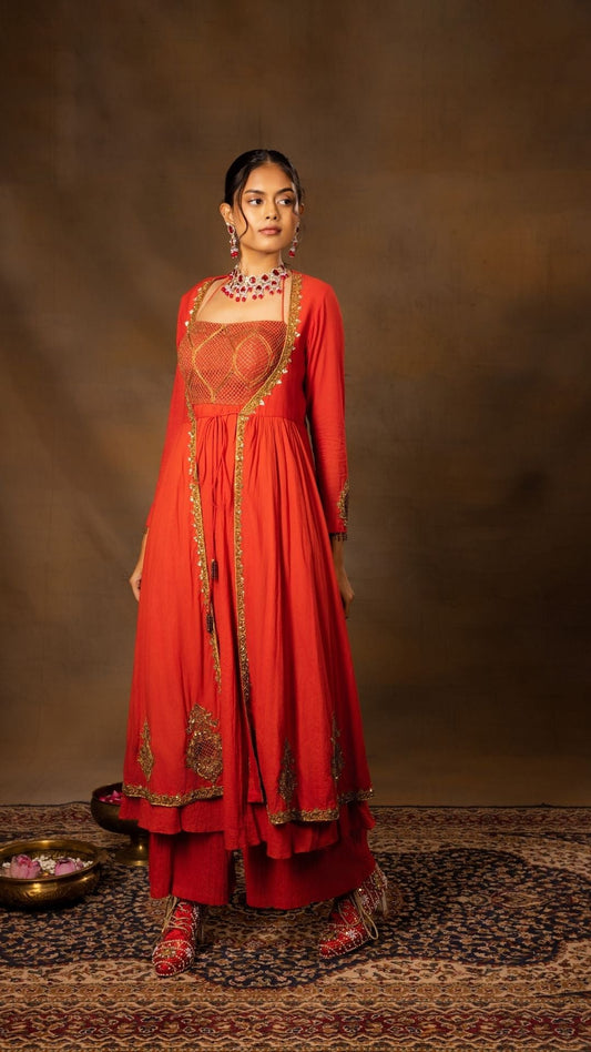 Halter Anarkali with a Long Jacket paired with Wide-Legged Pants