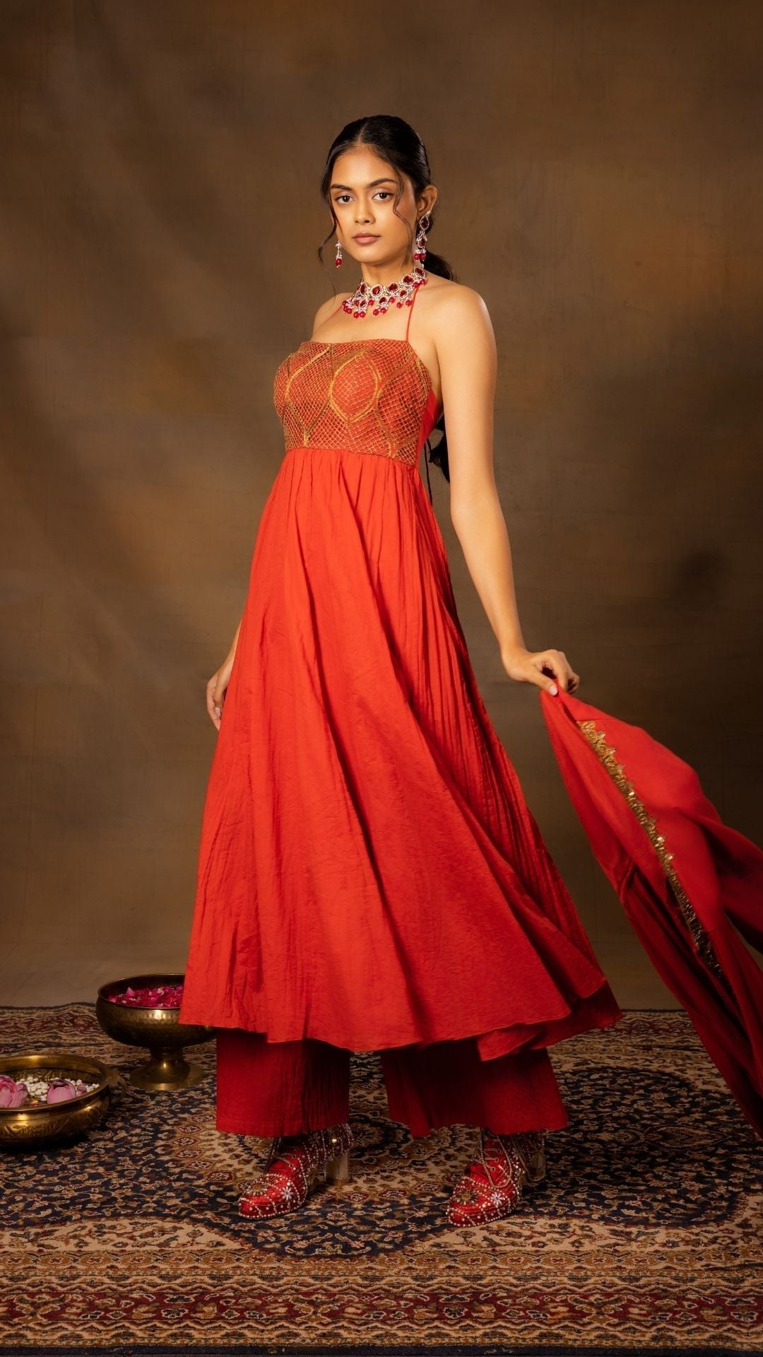 Halter Anarkali with a Long Jacket paired with Wide-Legged Pants
