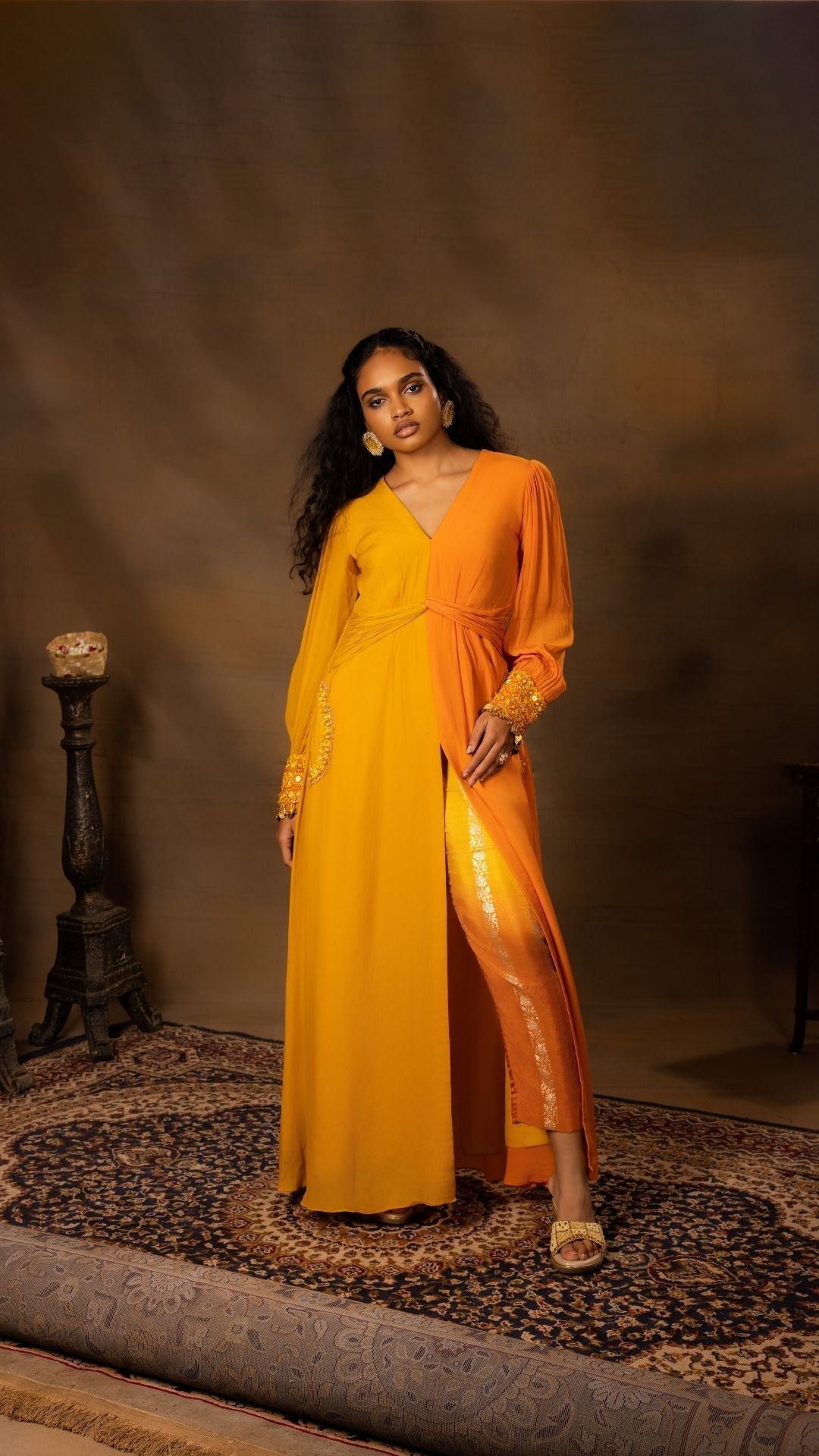 Long Dress featuring a Front Slit & Balloon Sleeves paired with an Ombre Brocade Trousers