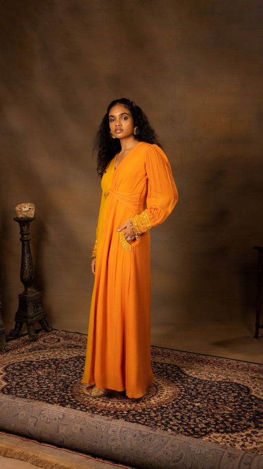 Long Dress featuring a Front Slit & Balloon Sleeves paired with an Ombre Brocade Trousers