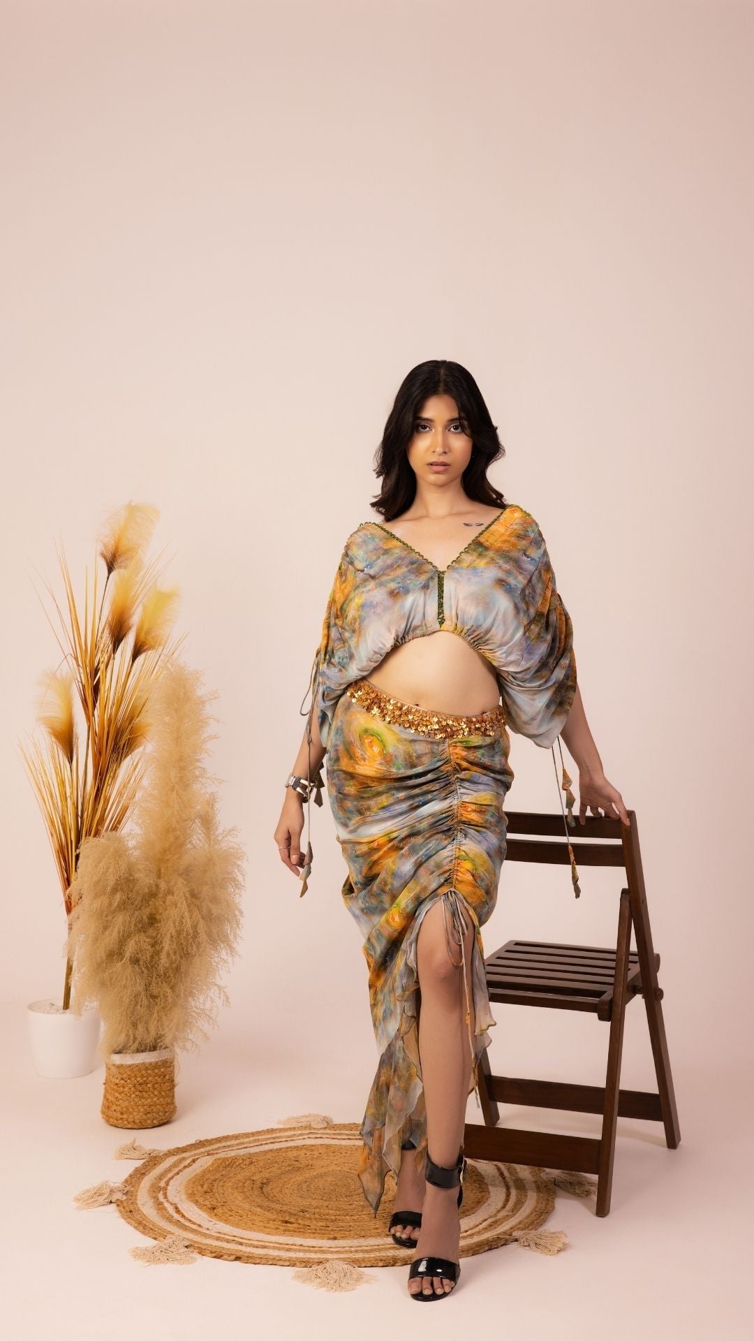 The State of Consciousness Ruched Bodycon Skirt and Plunge Neck Top
