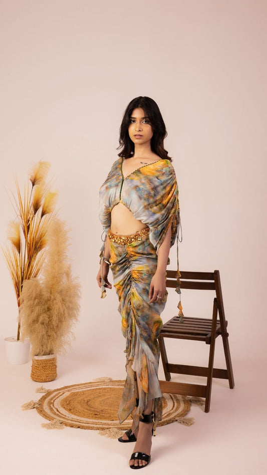 The State of Consciousness Ruched Bodycon Skirt and Plunge Neck Top