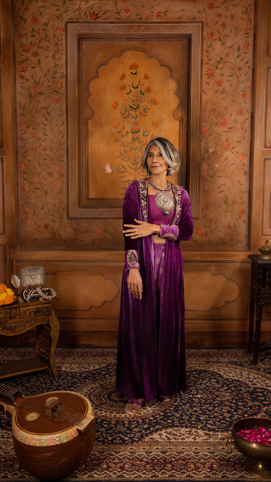 Brocade Pants paired with Bustier & Velvet Jacket