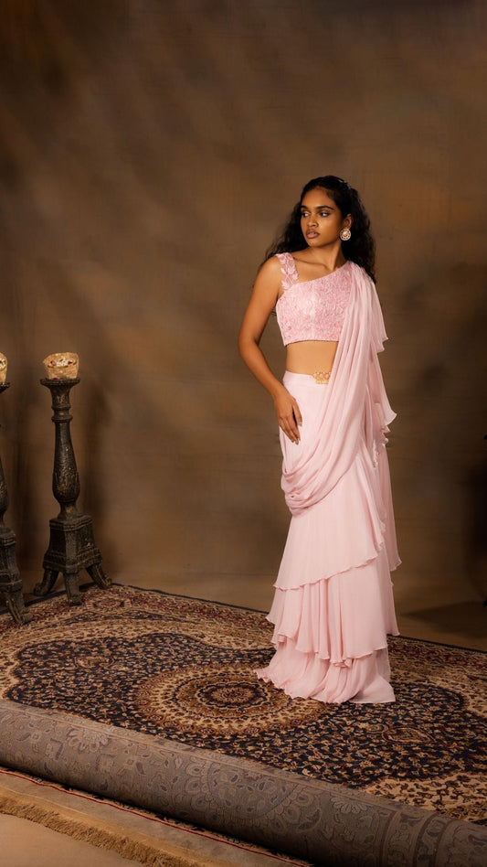 Readymade Saree with Asymmetrical Sleeved Blouse