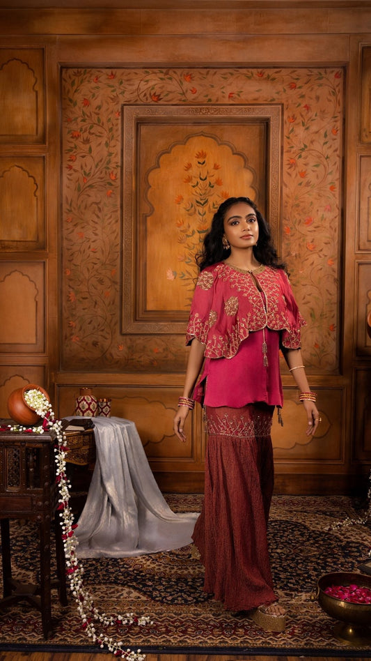 Detailed Gharara with Inner Tunic & a Pelerine-style Cape