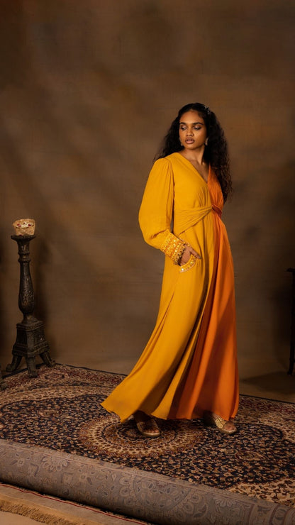 Long Dress featuring a Front Slit & Balloon Sleeves paired with an Ombre Brocade Trousers